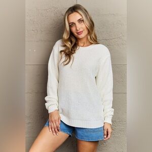 Zenana Cozy Season High Low Waffle Sweater Pullover in Ivory